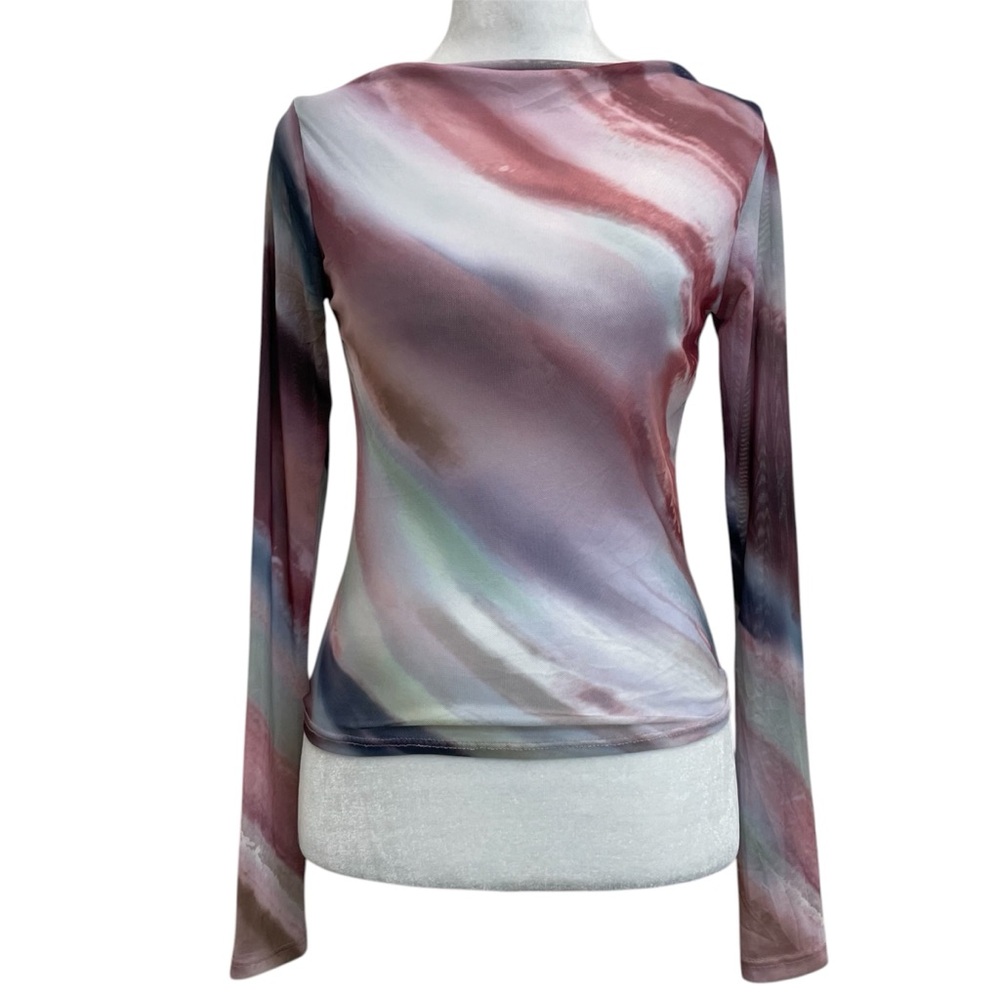 Caution to the Wind Purple Marble Print Long Sleeve Sheer Mesh Top